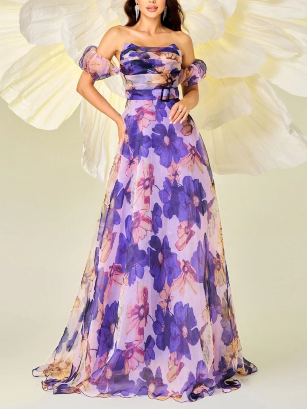 Floral Off-Shoulder Chiffon Maxi Dress in Lavender and Purple